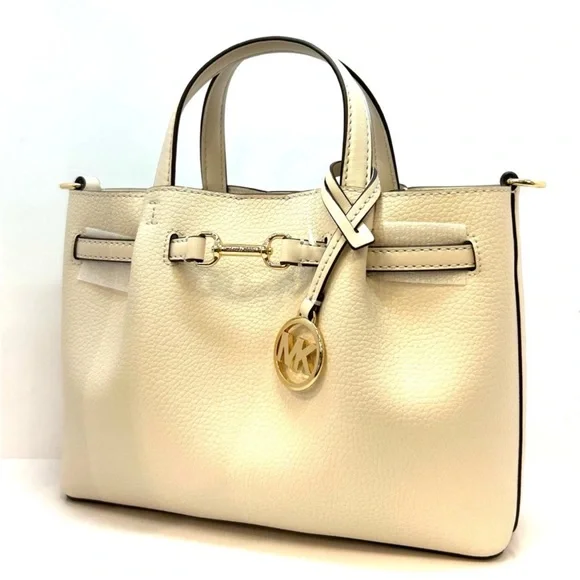 Michael Kors Small Carson Pebbled Leather Satchel Bag Light Cream